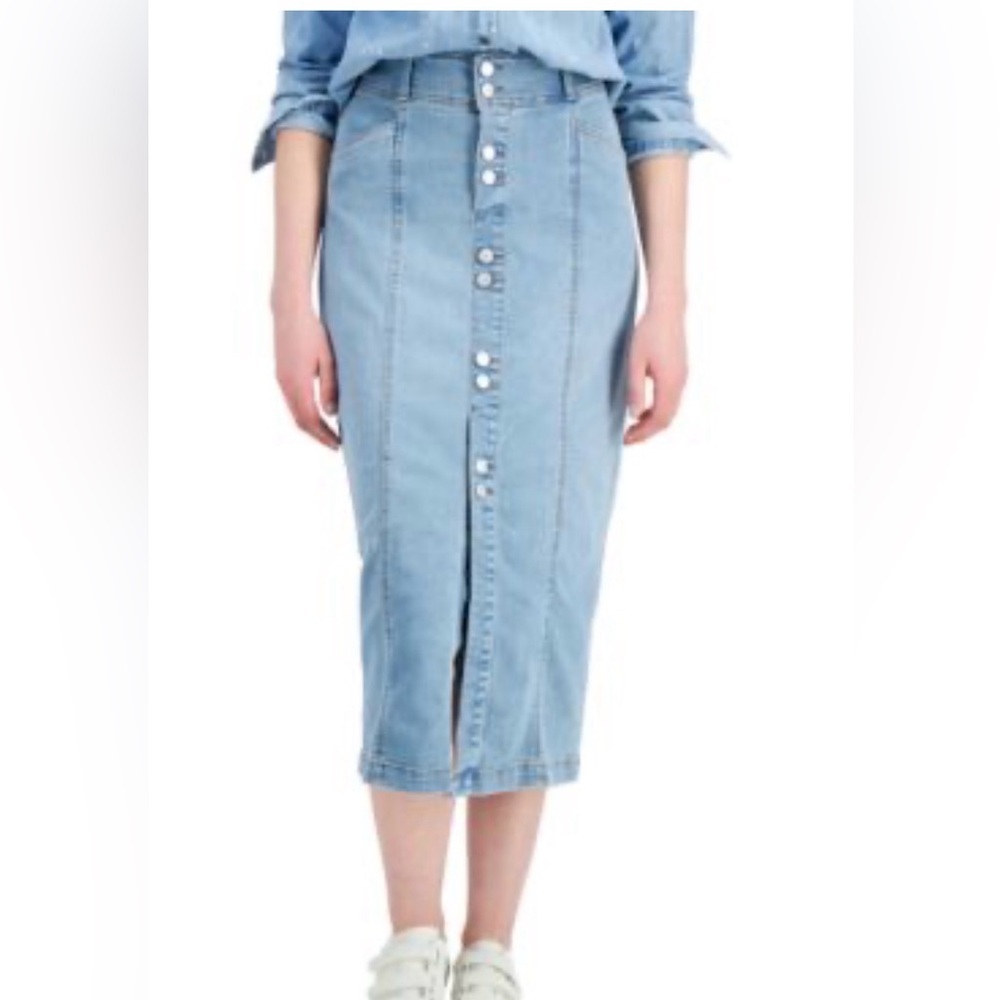 NWT Style & Co Button Front Mid‎ Rise Curvy Midi Denim Skirt Georgia Sky Blue 16